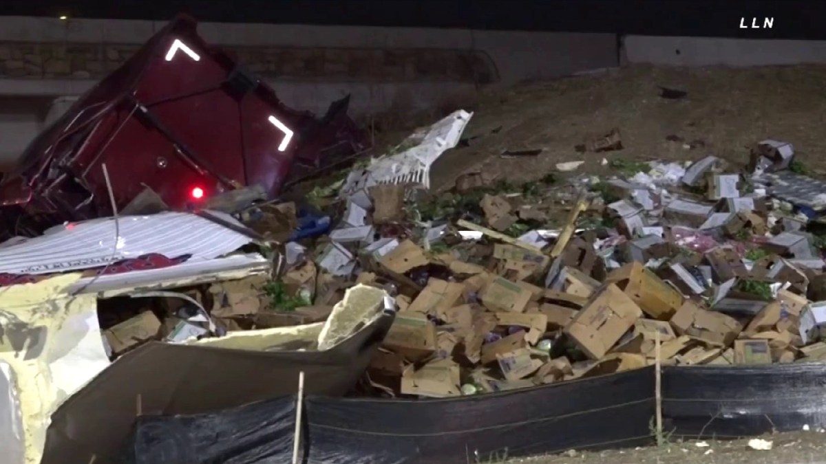 Boxes of Fruit Spill Onto Road When Big Rig Crashes Off 10 Freeway - NBC Southern California