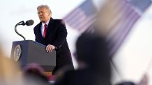 President Donald Trump speaks briefly before boarding Air Force One at Andrews Air Force Base, Maryland, Jan. 20, 2021.