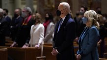 President-elect Joe Biden and incoming first lady Jill Biden celebrate Mass at the Cathedral of St. Matthew the Apostle during Inauguration Day, Jan. 20, 2021, in Washington.