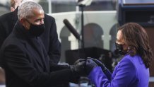 Former President Barack Obama greets Vice President-elect Kamala Harris ahead of President-elect Joe Biden’s inauguration, Jan. 20, 2021, at the U.S. Capitol in Washington. (Jonathan Ernst/AP)