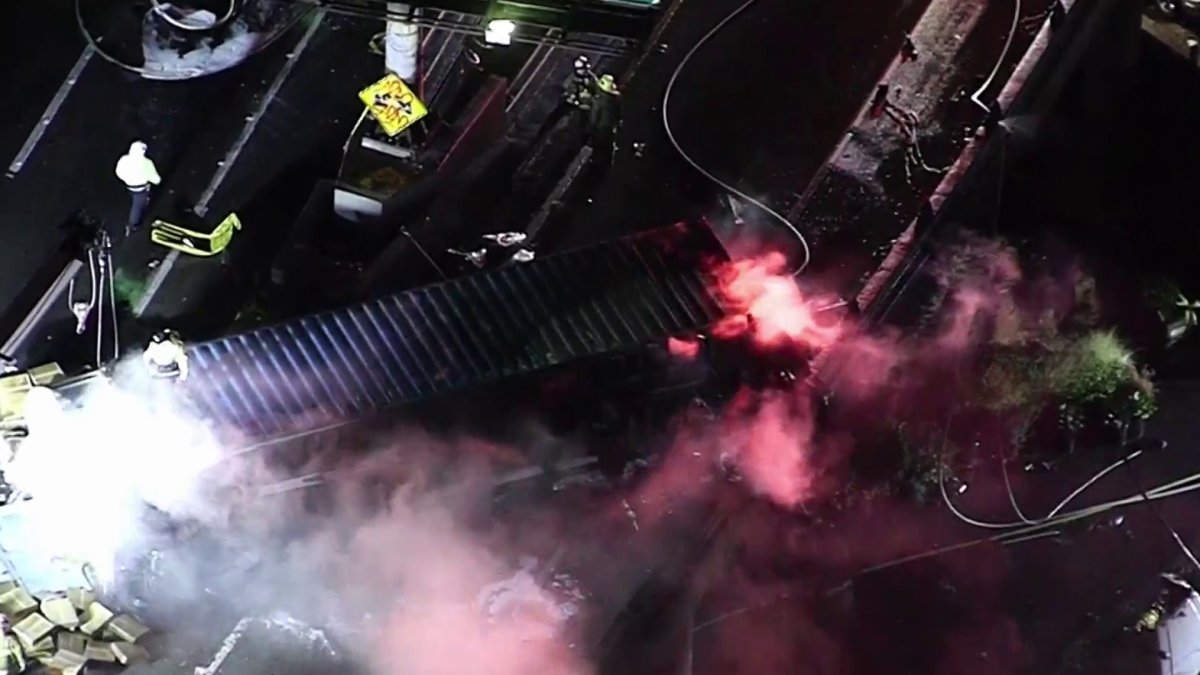 Big Rig Catches Fire, Hangs Off Side Of 10 Freeway in Downtown LA After ...