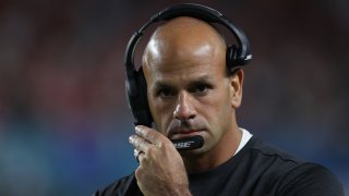 In this Feb. 2, 2020, file photo, defensive coordinator Robert Saleh of the San Francisco 49ers looks on against the Kansas City Chiefs during the fourth quarter in Super Bowl LIV at Hard Rock Stadium in Miami, Florida.