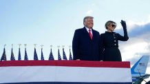 Outgoing President Donald Trump and first lady Melania Trump speaks briefly at Joint Base Andrews in Maryland on Jan. 20, 2021.