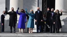 Doug Emhoff, Vice President-elect Kamala Harris, incoming first lady Jill Biden, President-elect Joe Biden and Sen. Roy Blunt arrive for the inauguration of Joe Biden as the 46th President of the United States, Jan. 20, 2021, at the Capitol in Washington, D.C.