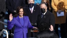 Sonia Sotomayor, associate justice of the U.S. Supreme Court, administers the oath of office to U..S. Vice President-elect Kamala during the 59th presidential inauguration in Washington, D.C., Jan. 20, 2021. Daniel Acker/Bloomberg via Getty Images
