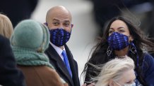 Sen. Cory Booker, D-New Jersey, and Rosario Dawson arrive at the inauguration of Joe Biden on the West Front of the Capitol on January 20, 2021 in Washington, D.C.