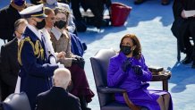 Newly sworn in Vice President Kamala Harris looks back at Jennifer Lopez during the inauguration of U.S. President-elect Joe Biden on the West Front of the Capitol on Jan. 20, 2021, in Washington, D.C. (Drew Angerer/Getty Images)