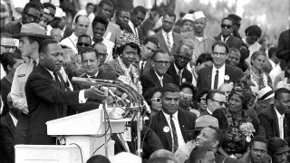 FILE - In this Aug. 28, 1963 file photo, the Rev. Dr. Martin Luther King Jr., head of the Southern Christian Leadership Conference, speaks to thousands during his "I Have a Dream" speech in front of the Lincoln Memorial for the March on Washington for Jobs and Freedom, in Washington.