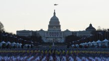 Marine One carrying President Donald Trump and first lady Melania Trump as they departed from the White House flies over the U.S. Capitol ahead of the inauguration of President-elect Joe Biden on Jan. 20, 2021 in Washington, D.C.