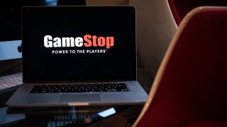 The GameStop Corp. logo on a laptop computer.