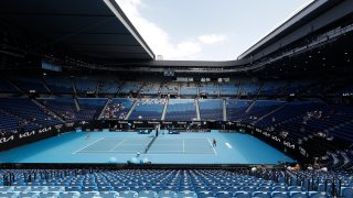 United States' Serena Williams, right, serves to Russia's Anastasia Potapova during their third round match on Rod Laver Arena at the Australian Open tennis championship in Melbourne, Australia, Friday, Feb. 12, 2021.