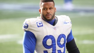 In this Jan. 9, 2021, file photo, Aaron Donald #99 of the Los Angeles Rams looks on the NFC Wild Card Playoff game against the Seattle Seahawks at Lumen Field in Seattle, Washington.