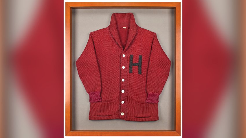 This undated photo released by RR Auction shows a Harvard University letter sweater that once belonged to former President John F. Kennedy, up for auction between Feb. 11-18, 2021, by the Boston-based auction firm.