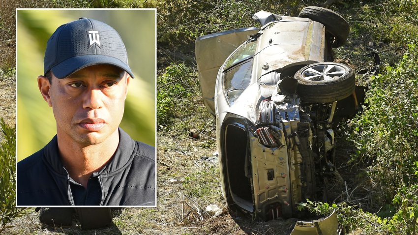 RANCHO PALOS VERDES, CALIFORNIA FEBRUARY 23, 2021-L.A. County Sheriff’s officers investigate an accident involving famous golfer Tiger Woods along Hawthorne Blvd. in Ranch Paos Verdes Tuesday. (Wally Skalij/Los Angeles Times via Getty Images)