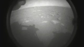 The first image sent back to Earth by Perseverance taken shortly after landing on Mars.
