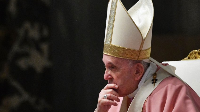 Pope Francis celebrates mass on the occasion of 500 years of Christianity in the Philippines, in St. Peter’s Basilica, at the Vatican, Sunday, March 14, 2021. (Tiziana Fabi/Pool photo via AP)