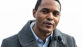 NEW YORK, UNITED STATES - 2021/01/14: Congressman Ritchie Torres endorses Andrew Yang for his candidacy for Mayor of New York City on Morningside Drive. Andrew Yang in his announcement laid proposals for New York to get out of economic downfall, help poor people, reduce homelessness, reform police.