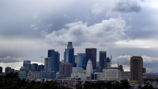 Rain clouds roll across downtown in Los Angeles.