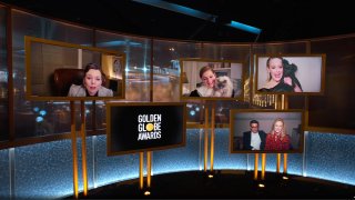 Pictured in this screengrab released on February 28, (l-r) Best Performance by an Actress in a Television Series – Drama nominees Olivia Colman, Emma Corrin, Laura Linney (with Marc Schauer), and Sarah Paulson speak during the 78th Annual Golden Globe Awards broadcast on February 28, 2021