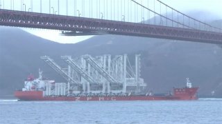 Three massive cranes were shipped into the Port of Oakland in December. (March 11, 2021)