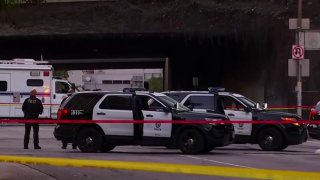 Officers at the scene of a police shooting.