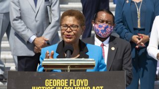 Representative Karen Bass, a Democrat from California and chair of the Democratic Black Caucus, speaks during an event with members of the Democratic caucus on the East Front steps of the U.S. Capitol before a vote on the George Floyd Justice in Policing Act of 2020 in Washington, D.C., on Thursday, June 25, 2020.