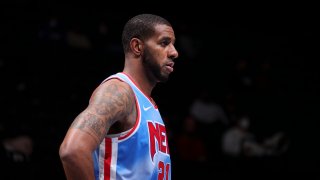 LaMarcus Aldridge #21 of the Brooklyn Nets looks on during the game against the Charlotte Hornets on April 1, 2021 at Barclays Center in Brooklyn, New York.