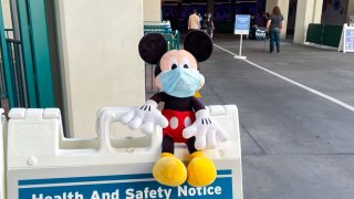 File Image: General views of a Mickey Mouse doll at the Disneyland Resort setup by staff to remind patrons of COVID-19 related health and safety protocols on April 11, 2021 in Anaheim, California.  (Photo by AaronP/Bauer-Griffin/GC Images)