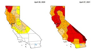 These maps display California drought conditions in April 2020 and April 2021.