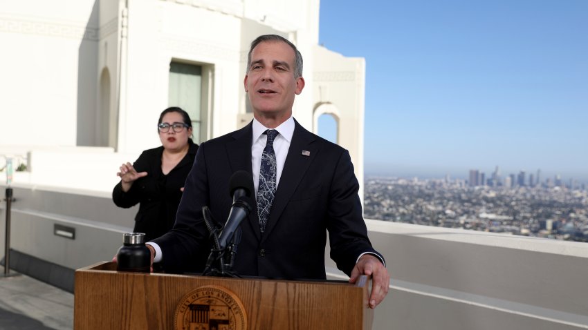 Los Angeles Mayor Eric Garcetti delivers his annual State of the City address from the Griffith Observatory, Monday, April 19, 2021, in Los Angeles.