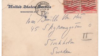 This photo shows an envelope that John F. Kennedy addressed to a Swedish paramour a few years after he married Jacqueline Bouvier, according to Boston-based RR Auction. The auction house says Kennedy wrote letters to aristocrat Gunilla von Post in 1955 and 1956, and announced, Wednesday, May 5, 2021, that they will be going up for auction.