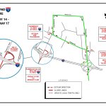 A map depicting the detour directions during the May 14 to May 17 closure of northbound Freeway 5. The map is depicted with simple, solid lines, drawing out Freeway 5 and the roads on the detour. Boxes around the map state the length of the closure and the locations of the detours. Drivers will be detoured from Paramount Boulevard and the closed northbound Freeway 5 on-ramp to Telegraph Road, Slauson Avenue, and Rosemead/Lakewood Boulevard.