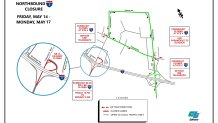 A map depicting the detour directions during the May 14 to May 17 closure of northbound Freeway 5. The map is depicted with simple, solid lines, drawing out Freeway 5 and the roads on the detour. Boxes around the map state the length of the closure and the locations of the detours. Drivers will be detoured from Paramount Boulevard and the closed northbound Freeway 5 on-ramp to Telegraph Road, Slauson Avenue, and Rosemead/Lakewood Boulevard.