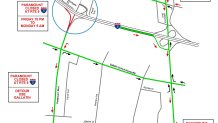 A map depicting the detour directions during the May 21 to May 24 closure of southbound Freeway 5. The map is depicted with simple, solid lines, drawing out Freeway 5 and the roads on the detour. Boxes around the map state the length of the closure and the locations of the detours. Drivers will be detoured from Paramount Boulevard and the closed northbound Freeway 5 on-ramp to Telegraph Road, Slauson Avenue, and Rosemead/Lakewood Boulevard.