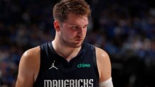 Luka Doncic #77 of the Dallas Mavericks looks on during the game against the LA Clippers during Round 1, Game 3 of the 2021 NBA Playoffs on May 28, 2021 at the American Airlines Center in Dallas, Texas.