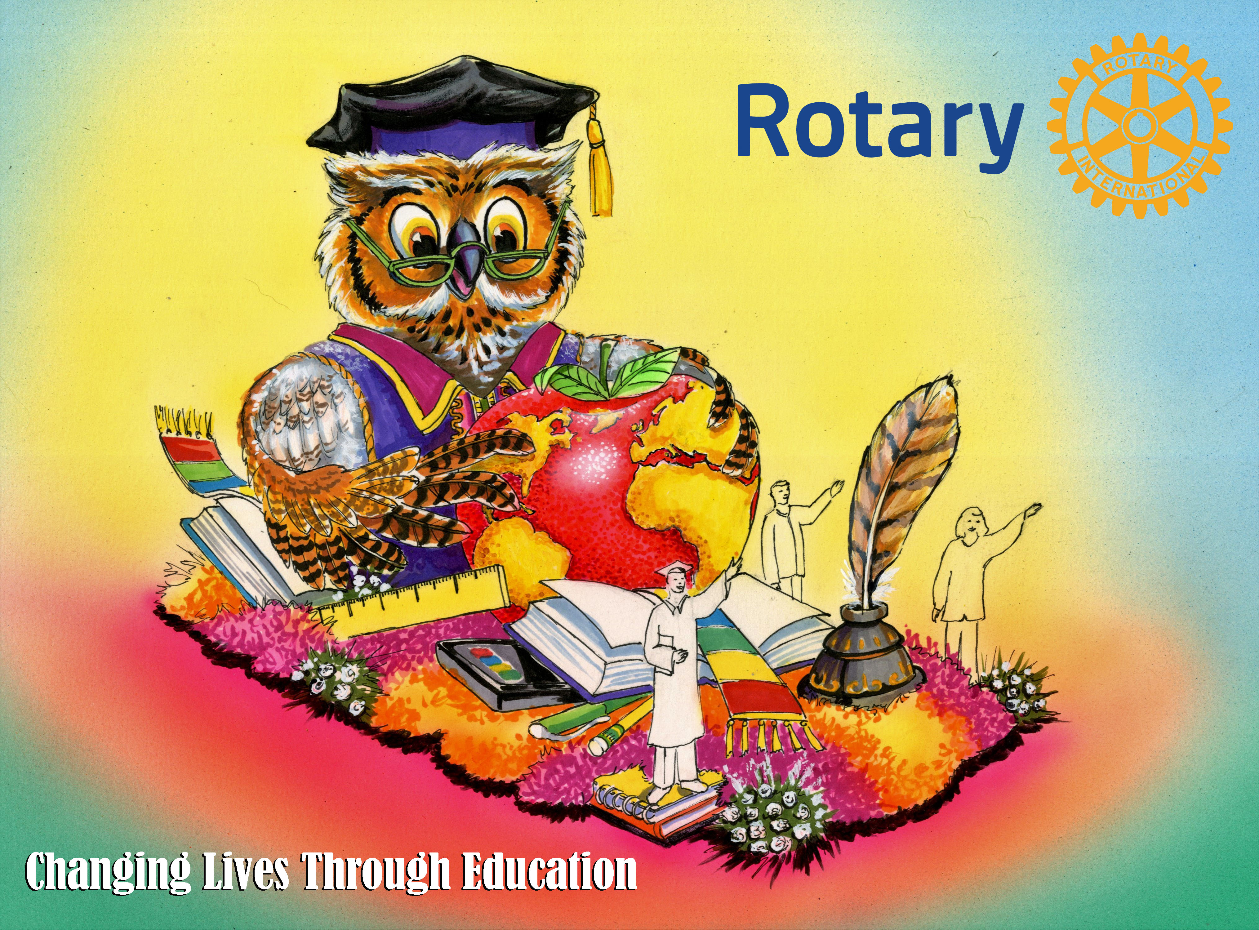 "Changing Lives Through Education" is the Rotary's 2022 motto (a book-loving owl is the sweet centerpiece).