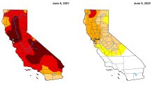 This US Drought Monitor map shows conditions in June 2021 and June 2020.