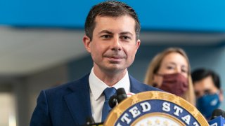 Secretary of Transportation Pete Buttigieg speaks at press conference with Senator Charles Schumer to green light Gateway Tunnel Project at Amtrak Concourse of Penn Station.