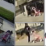 A woman in dark clothing walks through a Lynwood park, as seen in security footage screengrabs. In two images, she pushes a small pink trike stroller. The woman's face is not visible in the images.