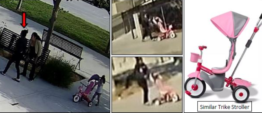 A woman in dark clothing walks through a Lynwood park, as seen in security footage screengrabs. In two images, she pushes a small pink trike stroller. The woman's face is not visible in the images.