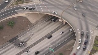 A driver was killed in a crash off a freeway overpass in Fontana.