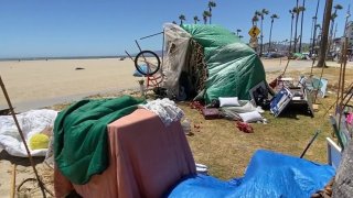 Homeless encampment tents are seen on Venice Beach in this undated photo.