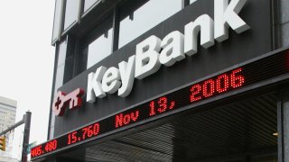 A KeyBank sign with a market ticker is seen on the facade of the KeyBank Building in Columbus, Ohio.