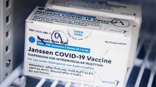 A box of Johnson & Johnson’s Janssen COVID-19 vaccine doses are pictured at Grubb’s Pharmacy on Capitol Hill on Monday, April 12, 2021.