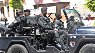 Special forces troops patrol at Prado Avenue following the protests in Cuba, Havana on July 21, 2021.