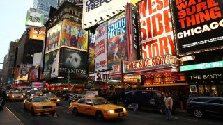 A exterior view of the Palace Theatre at the opening night of “West Side Story” on Broadway at the Palace Theatre on March 19, 2009 in New York City.
