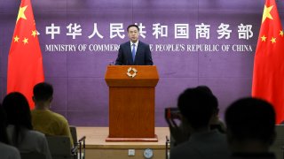 Gao Feng, spokesperson of the Ministry of Commerce (MOFCOM), speaks at MOFCOM's regular press conference on July 8, 2021 in Beijing, China.