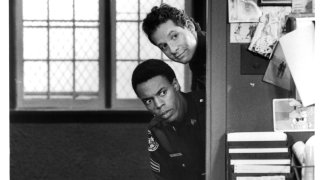 Actor Steve Guttenberg, Michael Winslow on set of the movie "Police Academy 4: Citizens on Patrol"