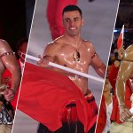 Pita Taufatofua, Tonga's most well known flag bearer, leads the Tonga delegation during the opening ceremonies of the Tokyo Olympics, the 2018 Pyeongchang Olympics and the 2016 Rio Olympics respectively.