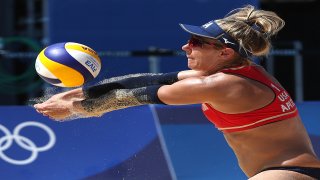  April Ross of Team USA Women's Beach Volleyball plays a shot during practice ahead of the Tokyo 2020 Olympic Games